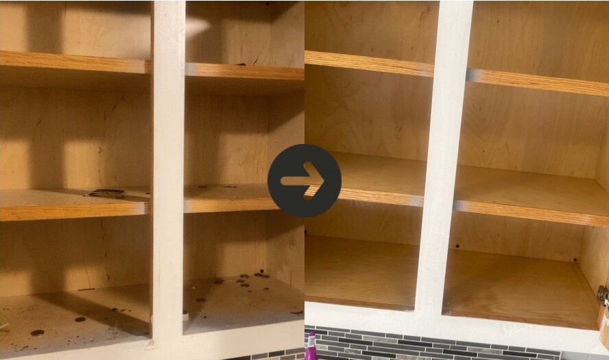 Before and after cleaning inside kitchen cabinets