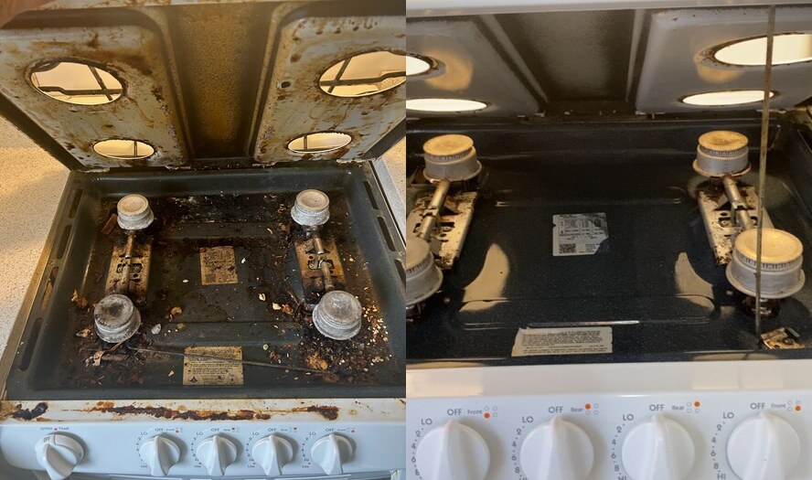 Before and after cleaning beneath a lifted stovetop