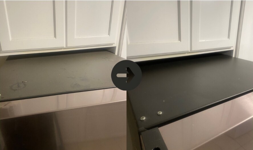 Before and after cleaning the top of a refrigerator