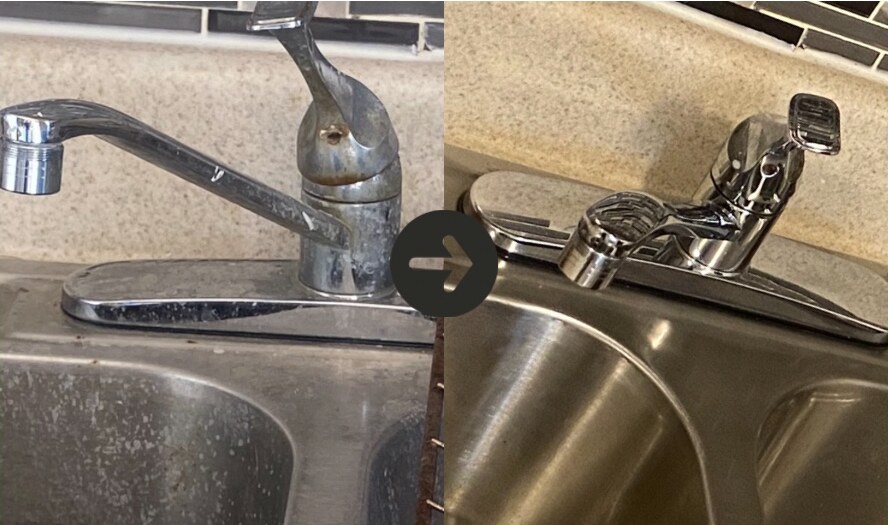 Before and after cleaning of a kitchen sink and faucet