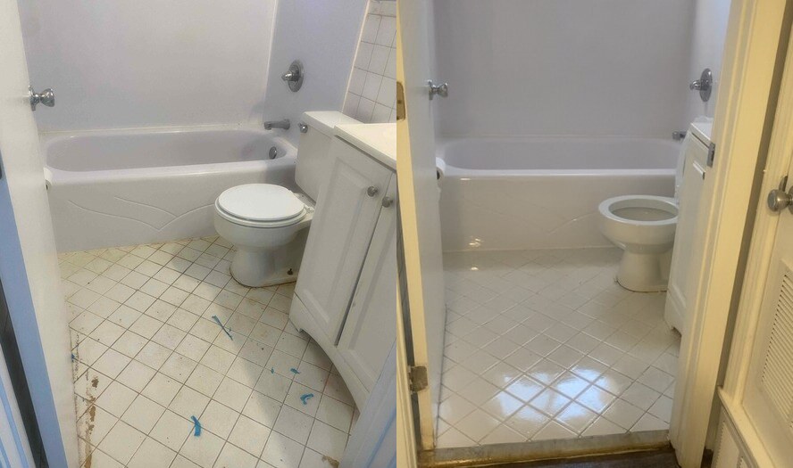 Before and after cleaning of a white bathroom and tile floor